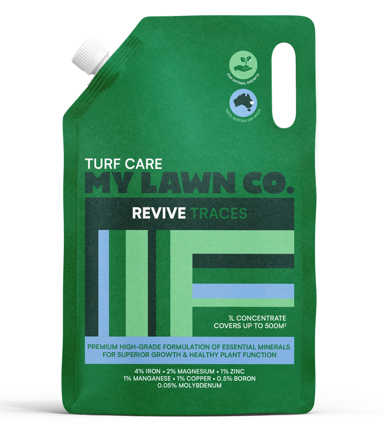 Green container labeled 'Turf Care My Lawn Co. Revive Traces' on a white background