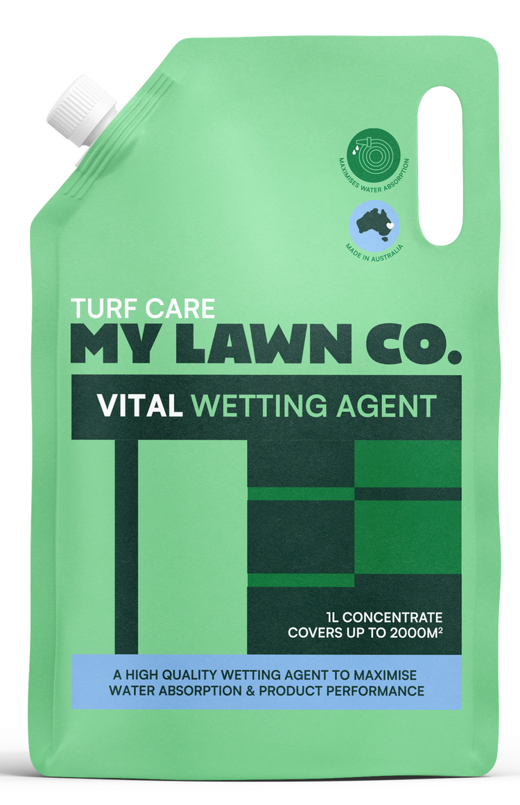 Green container of MY LAWN CO. vital wetting agent on a white background